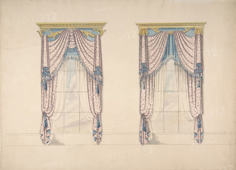 Design for Pink, White and Blue Curtains with Blue Fringes, and Gold and Blue Pediments, ca. 1820.