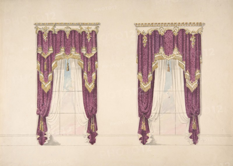 Design for Purple Curtains with Gold Fringes and a Gold and White Pediment, early 19th century.