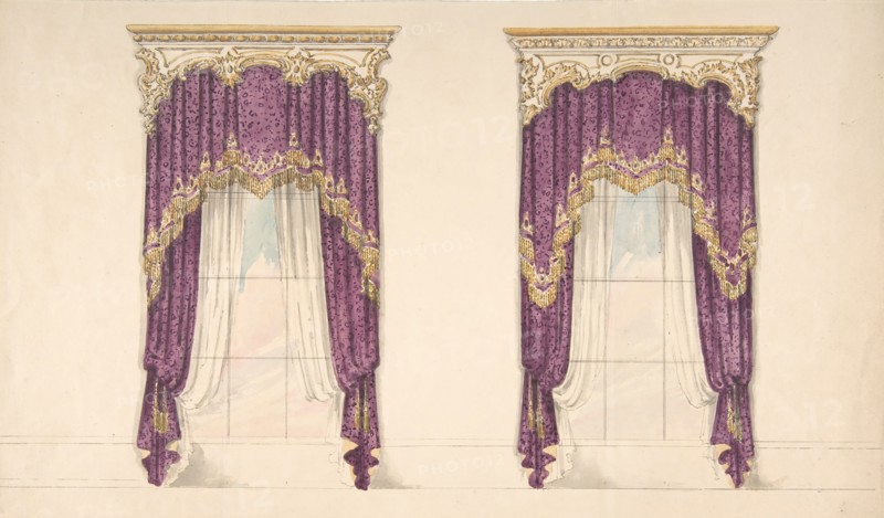 Design for Purple Curtains with Gold Fringes and a Gold and White Pediment, early 19th century.