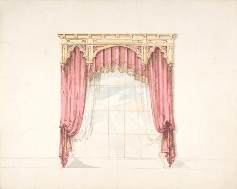 Design for Red Curtains with Gold Fringes and a Gold Gothic Pediment, early 19th century.