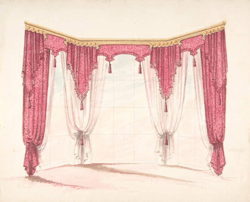 Design for Red Curtains with Red Fringes and a Gold Pediment, early 19th century.