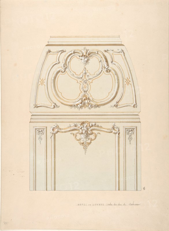 Design for Rococo-style wall and cove ornament in the salon of the Hotel de Luynes, owned by the Duc de Sabran, second half 19th century.