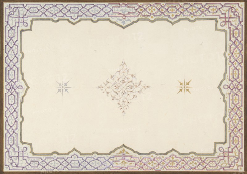 Design for the decoration of a ceiling with a border of strapwork and a central filagree medallion, 1830-97.