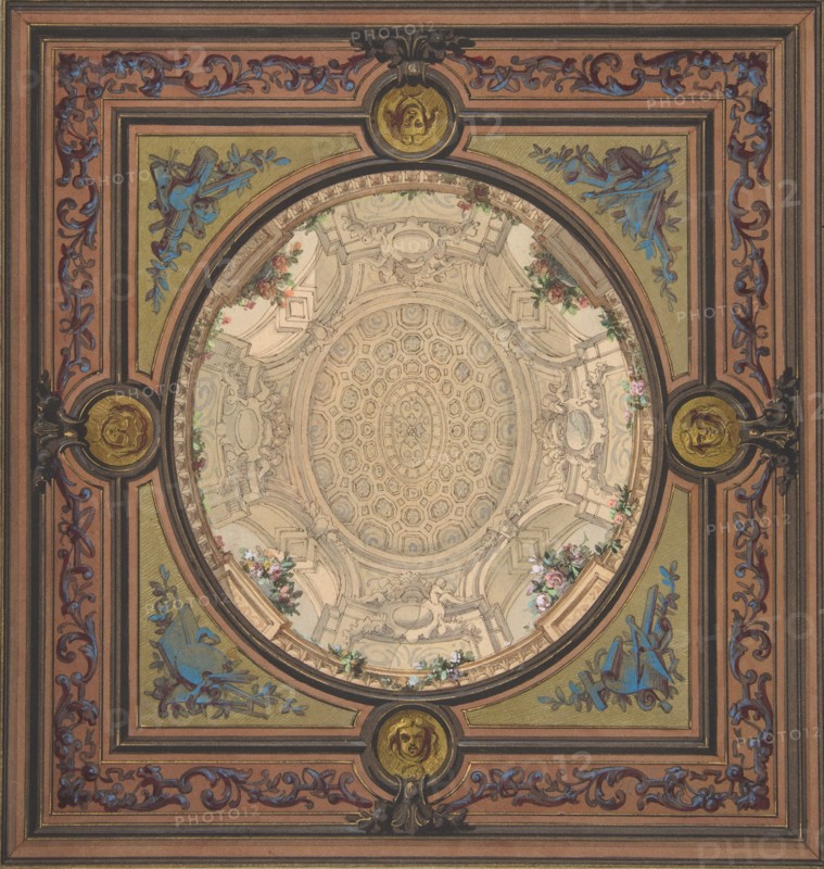 Design for the decoration of a ceiling with a trompe l'oeil painting of a coffered dome, 1830-97.
