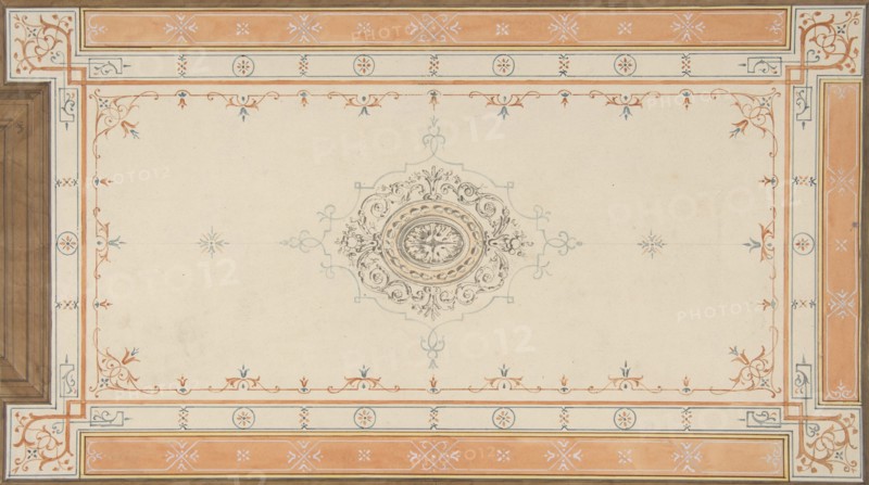 Design for the decoration of a ceiling with filagree borders and a central medallion, 1830-97.