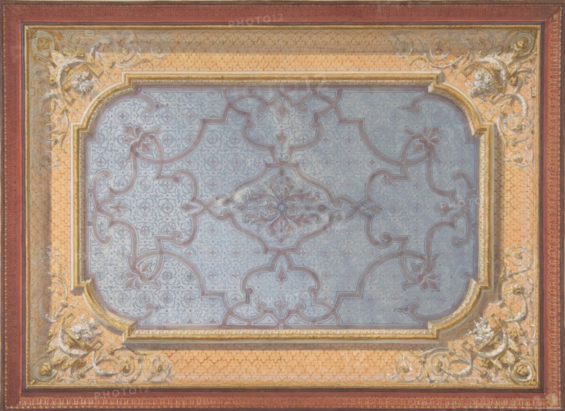 Design for the decoration of a ceiling with urns, swags, and portrait medallions in the four corners, 1830-97.