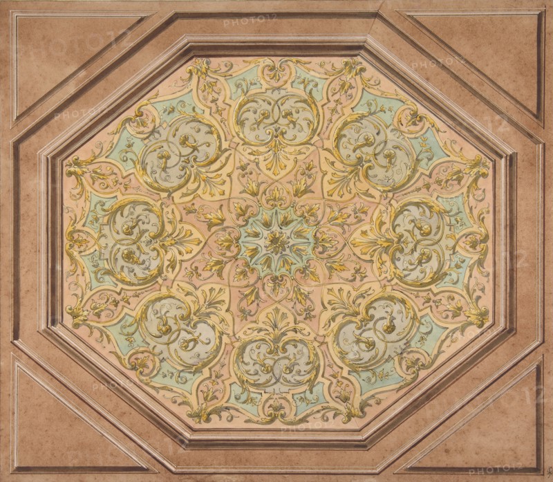 Design for the decoration of a hexagonal ceiling with rinceaux, 1830-97.