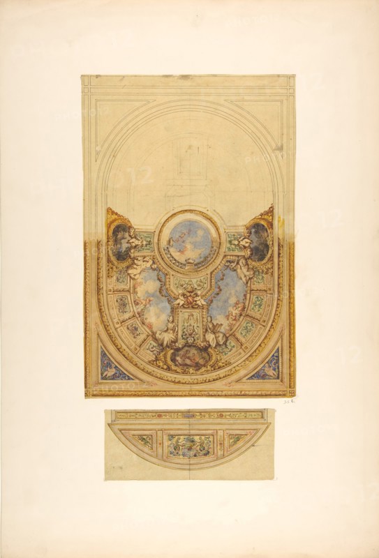 Design for the decoration of an oval ceiling with putti and garlands; with a detail of a lunette, 1830-97.