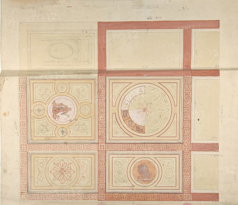 Design for the decoration of the ceiling of a vestibule in painted panels with roman key borders, 1830-97.
