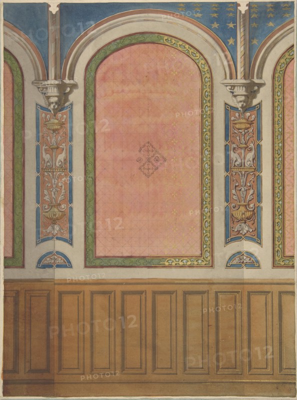 Design for the decoration of wall with wood panels and arched bays, second half 19th century.