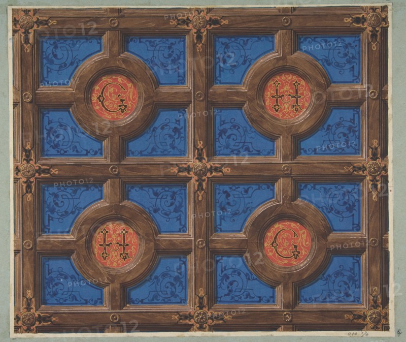 Design for the painted decoration of a coffered ceiling incorporating initials (G and H) for a house on the rue de Clichy, 1830-97.