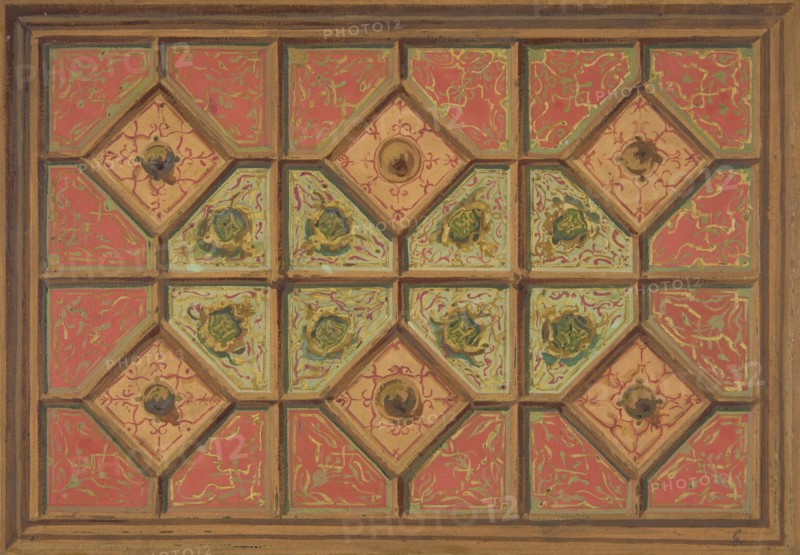 Design for the painted decoration of a coffered ceiling incorporating the initial: H, 1830-97.