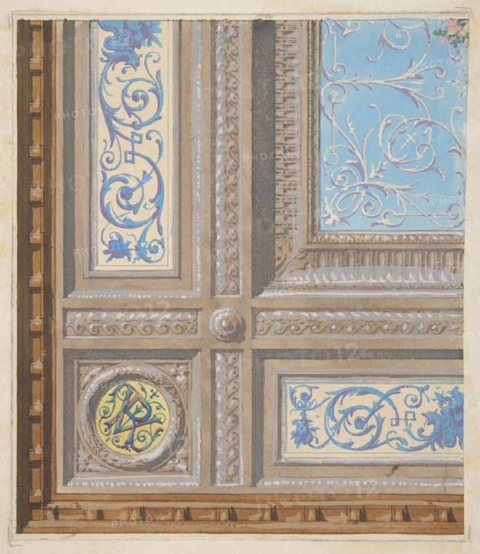 Design for the painted decoration of a coffered ceiling with initials: VR, 1830-97.