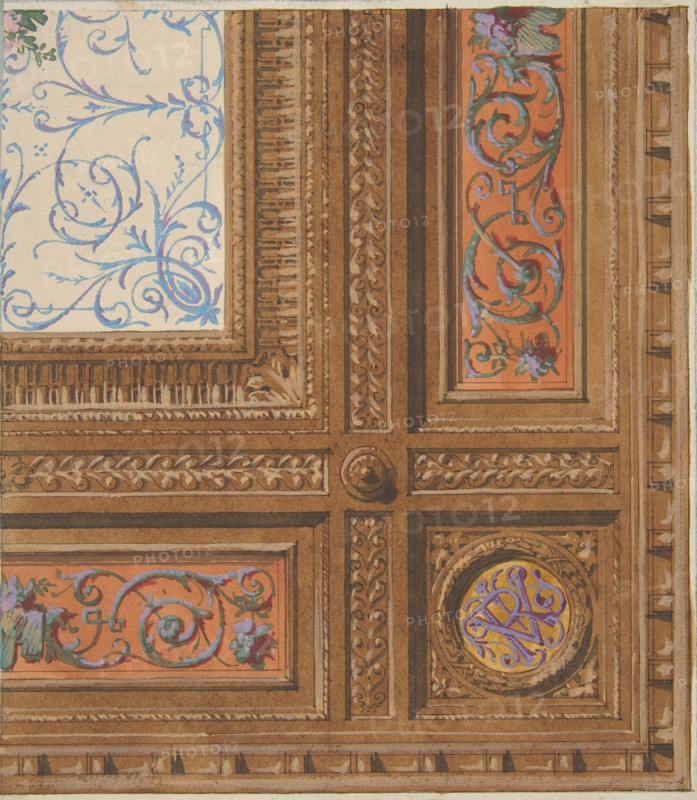 Design for the painted decoration of a coffered ceiling with initials: VR, 1830-97.