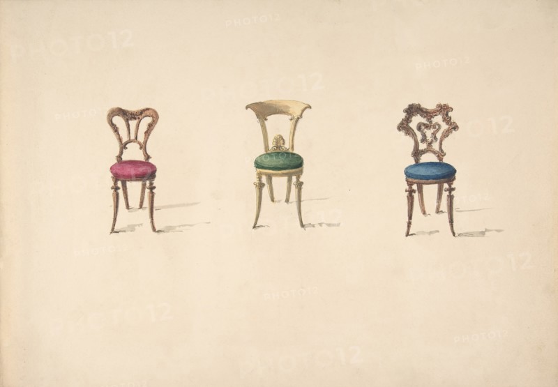 Design for Three Chairs with Red, Green and Blue Seats, early 19th century.