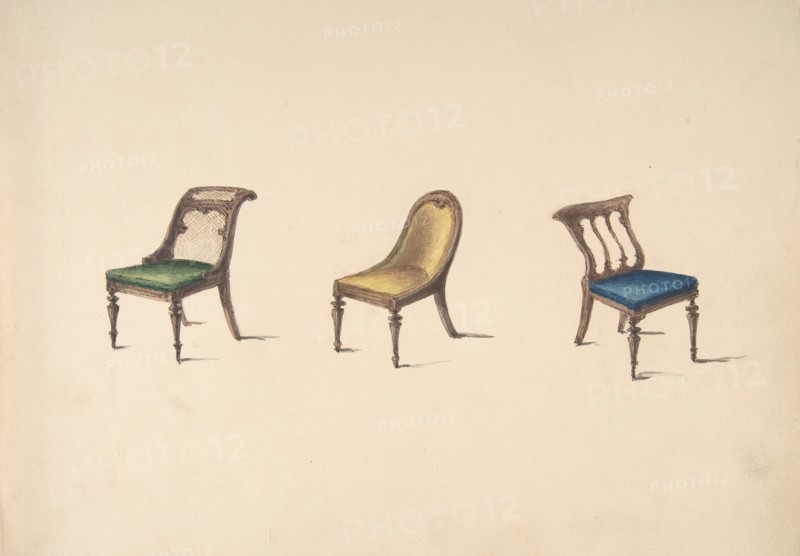 Design for Three Chairs with Slanted Backs, Green, Yellow and Blue Upholstery, early 19th century.