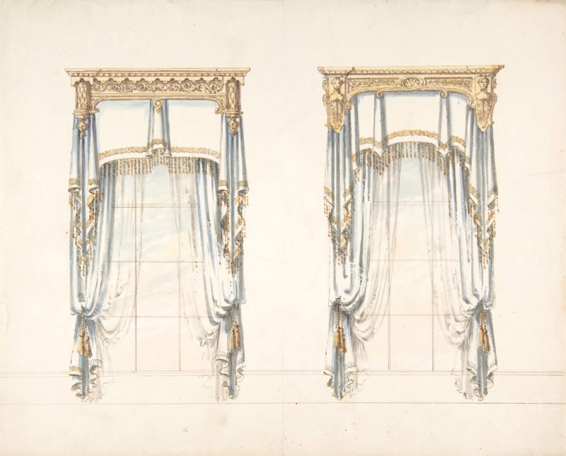Design for Two White Curtains with Gold Fringes and a Gold Pediment, early 19th century.