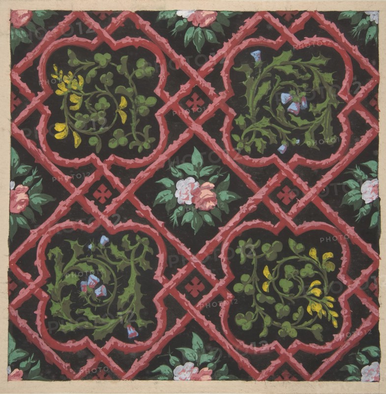 Design for wallpaper featuring flowers and latticework, 1830-97.