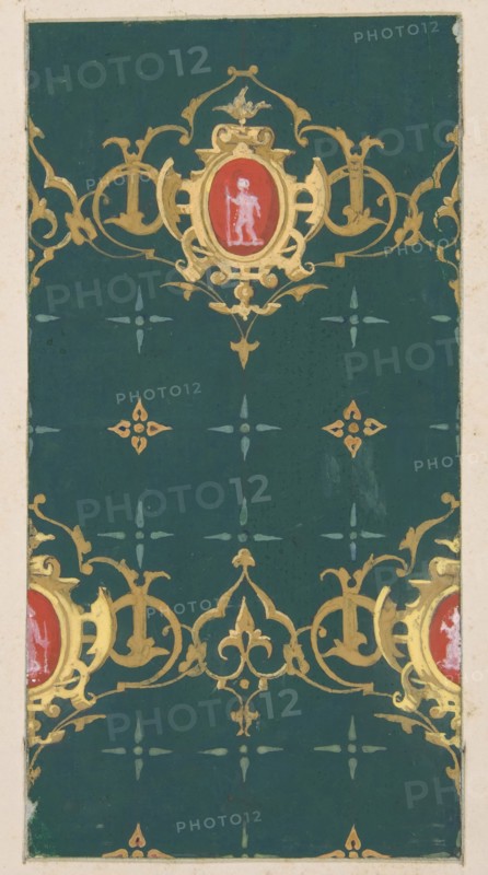 Design for wallpaper featuring rinceaux and cartouches framing figures, 1830-97.