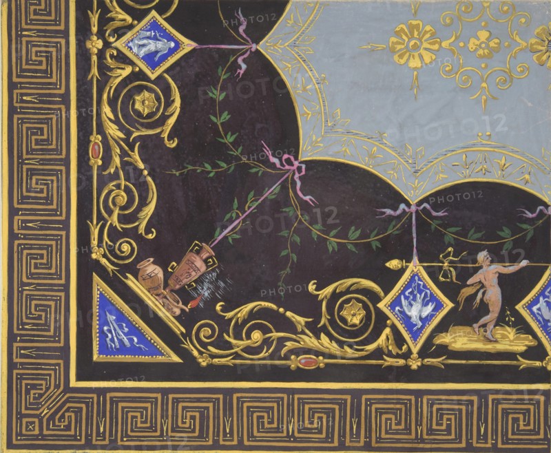 Design for wallpaper with Roman key border, rinceaux, and medallions, 1830-97.