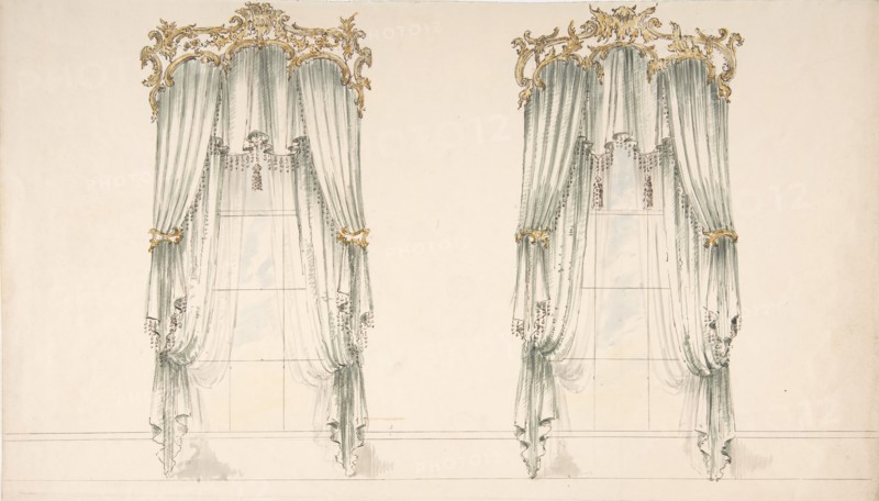 Design for White Curtains with White Fringes and a Gold and White Pediment, early 19th century.