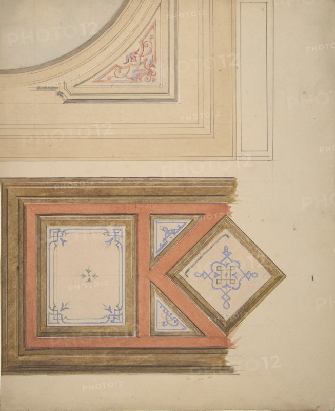 Designs for a ceiling and painted panel, 1830-97.