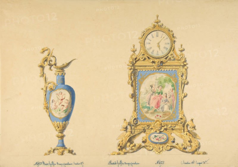 Designs for an Ewer and Clock, 19th century.