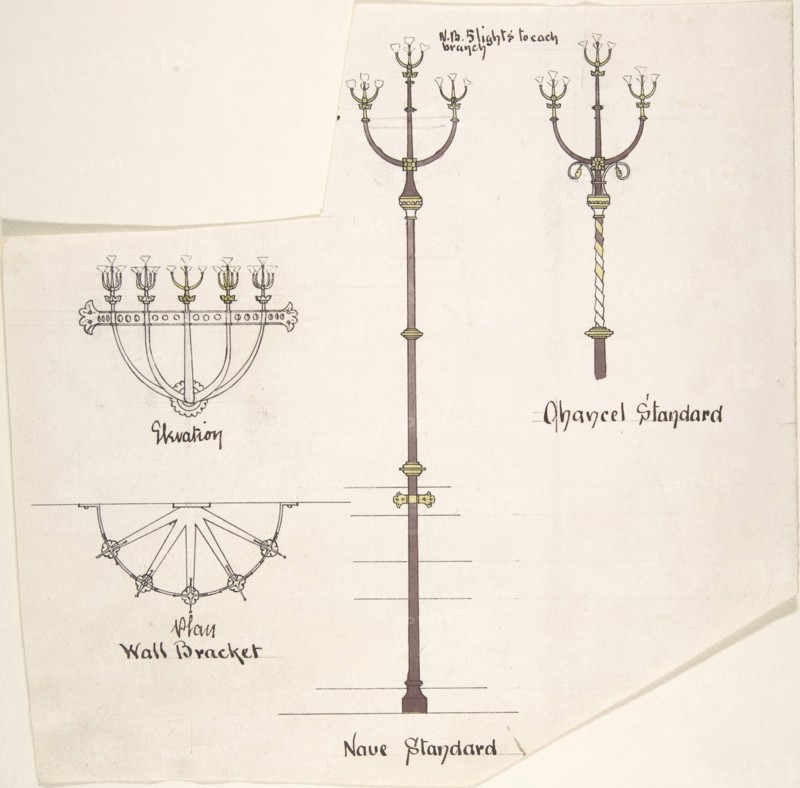 Designs for Church Lights: Wall Bracket, Nave Standard, Chancel Standard, ca. 1880.