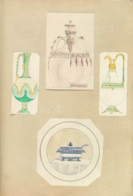 Designs for Two Ewers, a Carafe (two alternate designs), and a Covered Tureen, 1845-55.