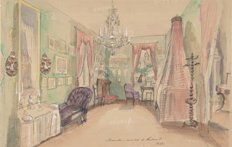 Drawing of an Interior: Bedroom, 1857.