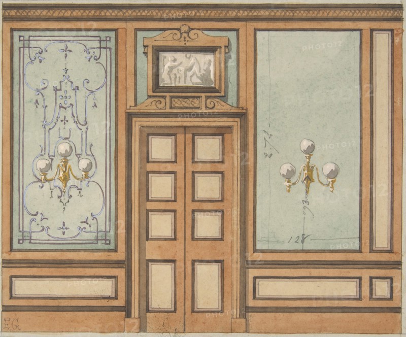 Elevation of a paneled interior with double doors and gaslight sconces, 1830-97.