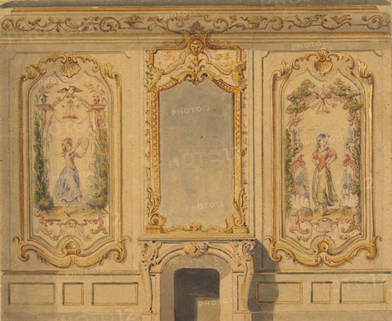 Elevation of an interior wall decorated with a chimney piece surmounted by a mirror and flanked with painted panels, 1830-97.