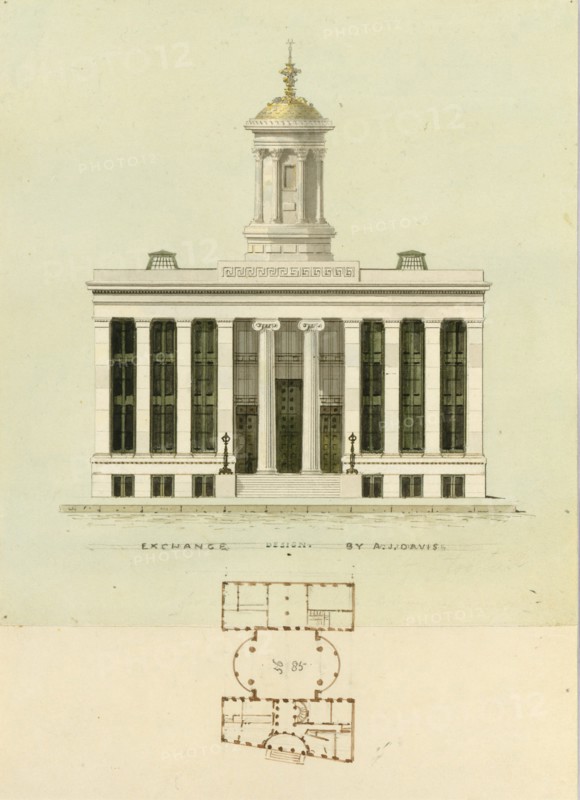 Façade Design and Old Plan for the First Merchant's Exchange, New York (unexecuted; front elevation and plan), ca. 1829.