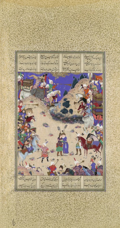 Faridun Embraces Manuchihr, Folio 59v from the Shahnama (Book of Kings) of Shah Tahmasp, ca. 1525.