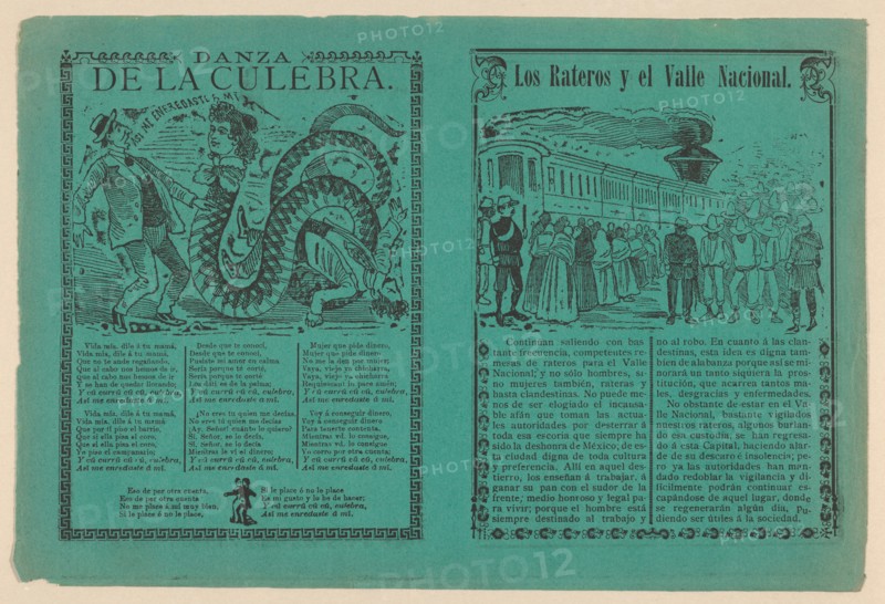 Front and back covers of a phamplet relating to a story 'The thieves and the National Valley' with illustration of indigenous men and women are being herded by men in military uniforms towards a train, on the other side 'Dance of the Snake' and a corrido, ca. 1900.