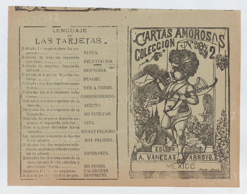 Front and back covers printed on the same sheet for a collection of love letters (number 2), Cupid holding a bow in image at the right, ca. 1900-1910.