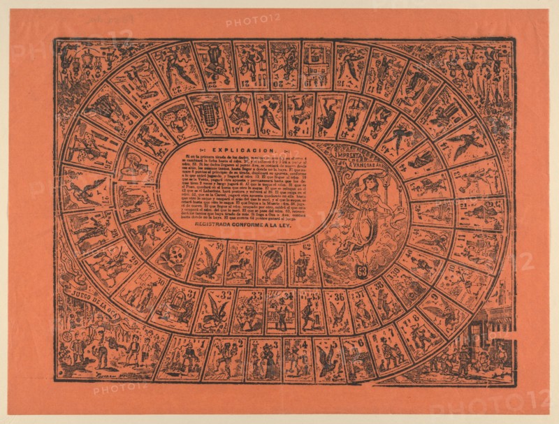 Game of the Goose, with the rules printed in the center, ca. 1900-1910.