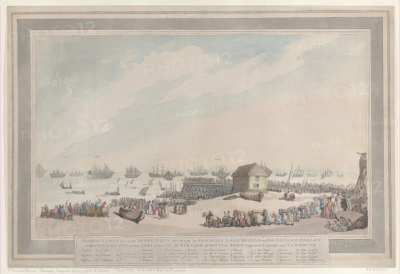 Glorious Defeat of the Dutch Navy, Oct. 10, 1797, by Admirals Lord Duncan and Sir Richard Onslow with a View Drawn on the Spot of the Six Dutch Line of Battle Ships captured and brought into Yarmouth, October 22, 1797.