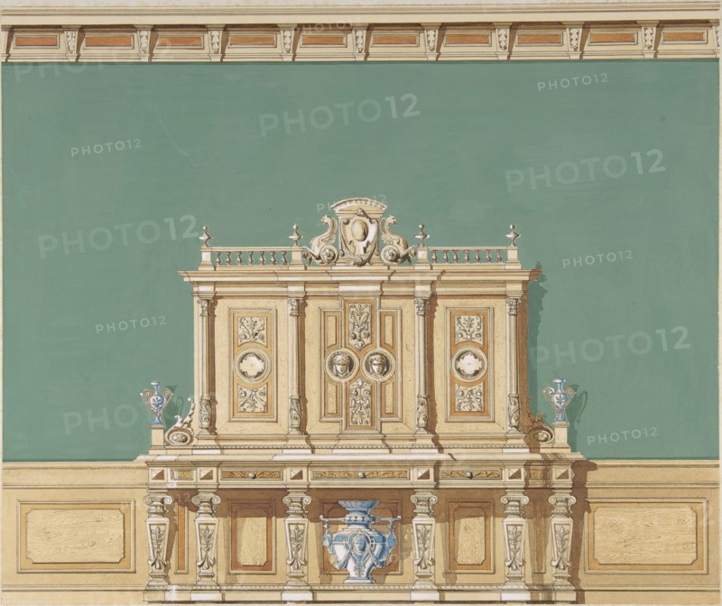 Interior Design with a Large Renaissance Style Cabinet against a Green Wall, late 19th century (?).