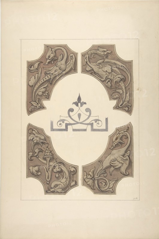 Grotesque designs featuring griffin, birds, and dolphins, 1830-97.