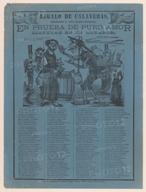 In proof of true love, a watercarrier skeleton arguing with a woman (Posada); two skeleton angels in upper corners (Manilla), ca. 1900-1910.