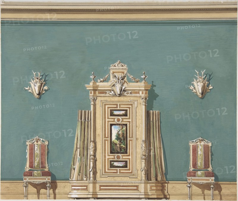 Interior Design witha Gun Cabinet and Two Chairs against a Green Wall Adorned with Trophies, late 19th century (?).