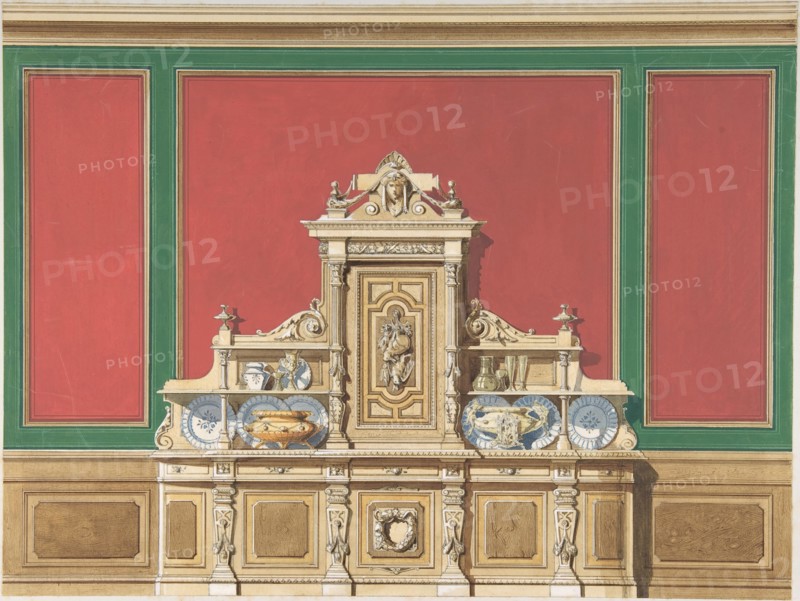 Interior Design for Large Display Cabinet against Red and Green Panelling, late 19th century (?).
