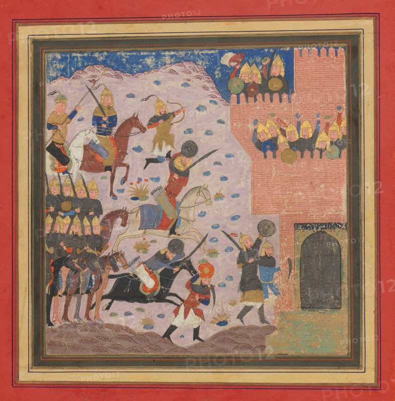 Kai Khusrau, Gudarz and Giv Capturing the Demon's Fortress, Bahman (?), Folio from a Shahnama (Book of Kings), ca. 1430-40.