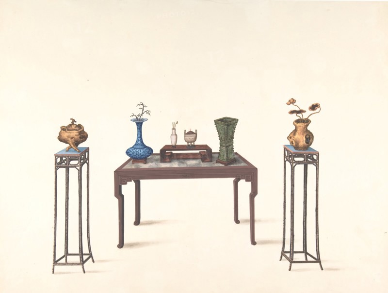 Large Table and Two Small Higher Ones with Vases, 19th century.