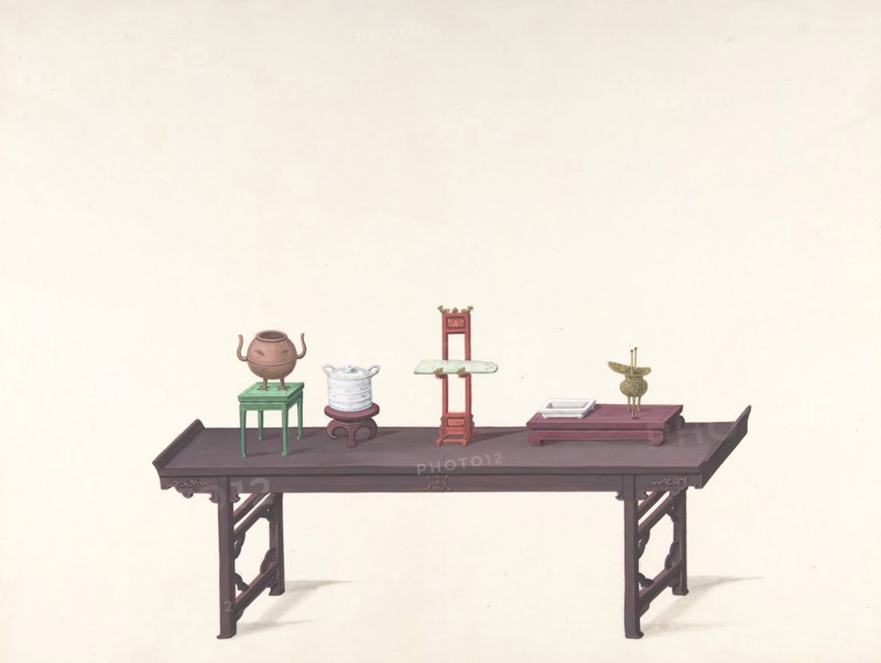 Long, Low Purple Lacquer Table with Objects, 19th century.