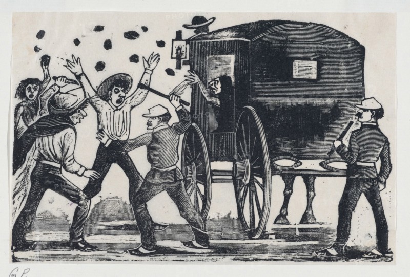 Men fighting near a horse and carriage, ca. 1900-1910.