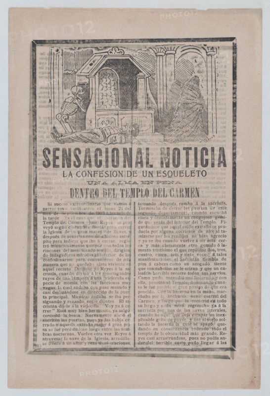 News story about the sighting of a skeleton inside a church, a man lies on the floor and a cloaked figure exits to the right, 1903.