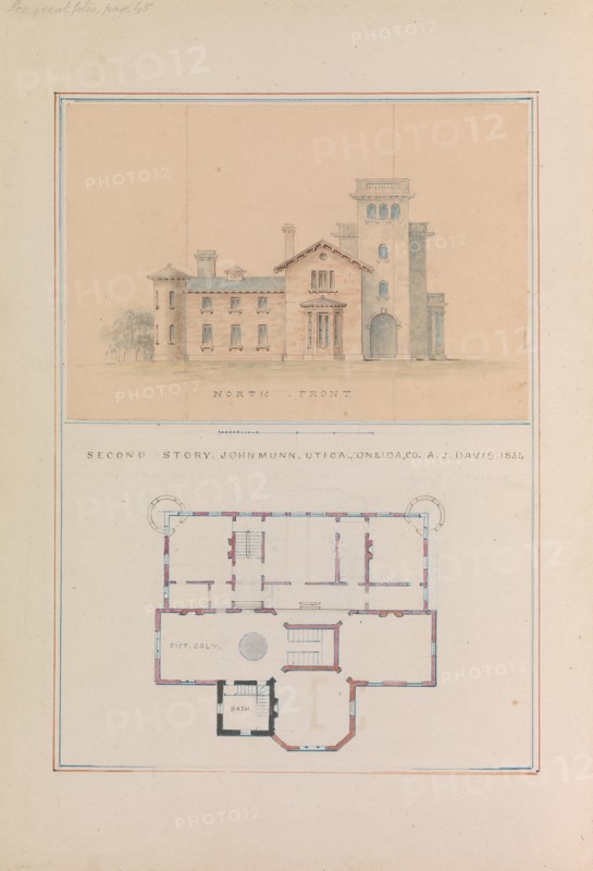 North Front and Second Floor Plan of John Munn House, Utica, New York, 1854.