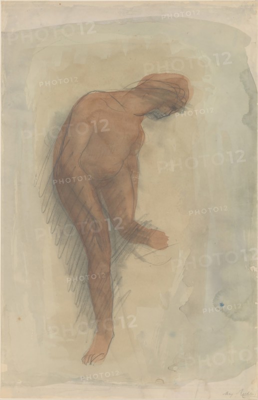 Nude female figure holding left foot, 1900-1912.